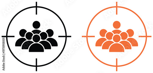 Audience targeting icon pack, people target symbols, customer demographic graphics, marketing strategy icons, segmentation and analytics elements