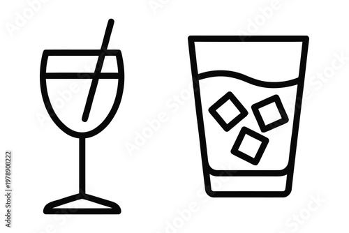 Two simple icons: wine glass with straw and glass with ice cubes cold drink non alcoholic cocktail iced tea soda cup hot drink beverage