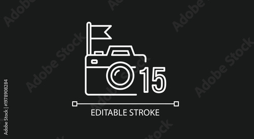 A minimalist white line icon depicts a vintage camera with flags displaying the number fifteen
