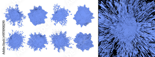 Abstract explosion wireframe sphere. Digital data burst, particle globe destruction and futuristic geometric element. Vector set