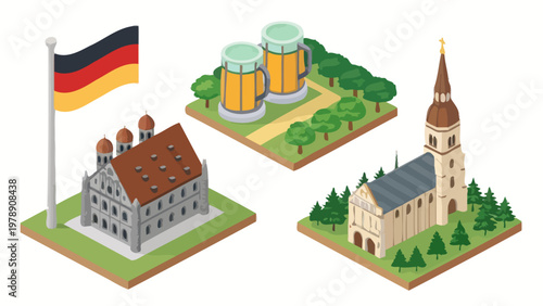 An illustration of German culture featuring a flag, brewery, castle, and church.