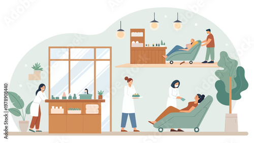 A serene spa interior with healthcare professionals providing treatments to clients in a peaceful environment.