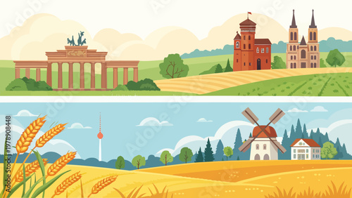 A vibrant illustration of famous landmarks and serene landscapes in Germany