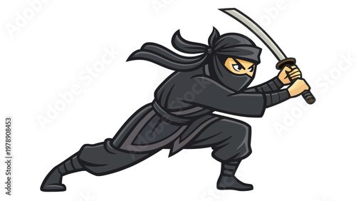 A cartoon ninja in a dynamic pose with a sword in hand