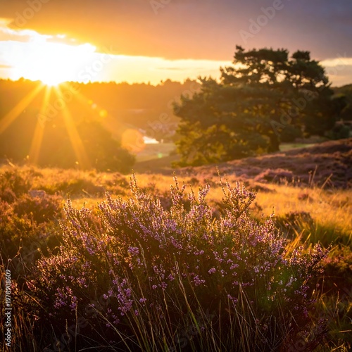 A vibrant sunset casts golden rays across a field of purple flowers and a distant treeline, creating a warm, scenic view