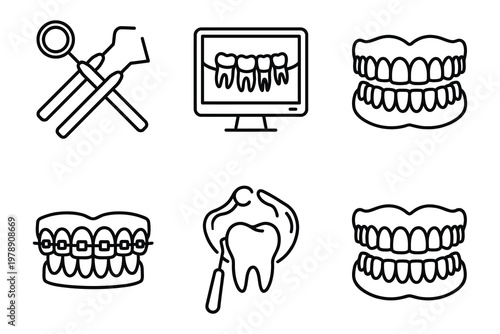 Collection of dental health and technology icons with oral hygiene dental mirror probe computer screen teeth x ray braces implant