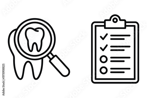 Dental examination with magnifying glass and checklist vector icon clipboard examination inspection illustration background diagnosis analysis document