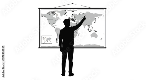 Businessman presenting global strategy on world map in modern office setting for international marketing and travel concept