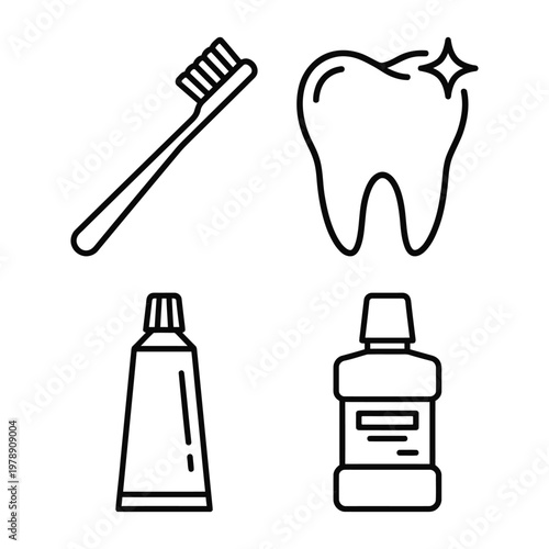 Dental hygiene tools icon set with toothbrush toothpaste mouthwash illustration freshness background cleaning equipment