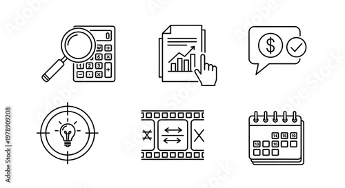 A collection of monochrome line icons representing business finance data and scheduling concepts