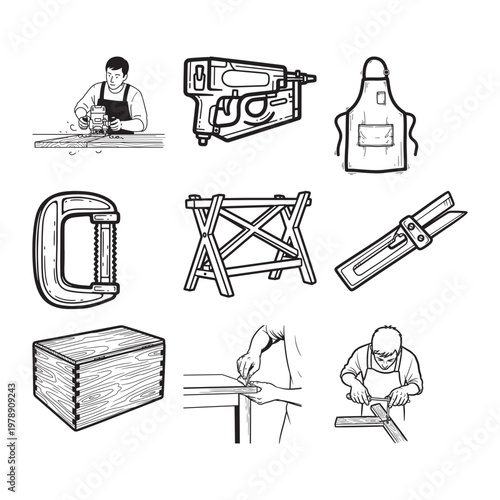 Carpentry Tools and Workshop Elements - Hand Drawn Vector Icons