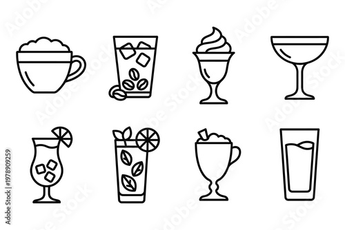 Assortment of beverage icons including coffee and cocktails with cocktail beverage margarita refreshing illustration container restaurant drinkware
