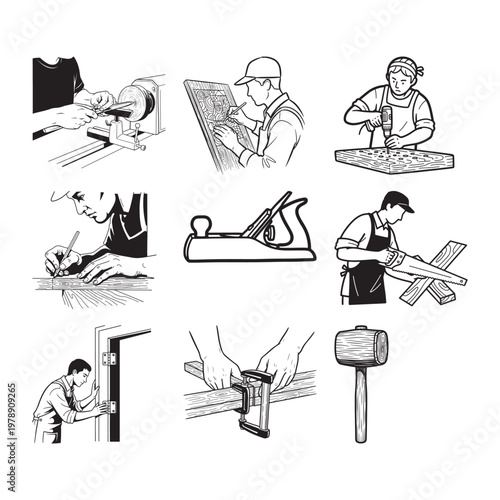 Woodworking Craftsmen Skills Set Icons - Vector Illustrations
