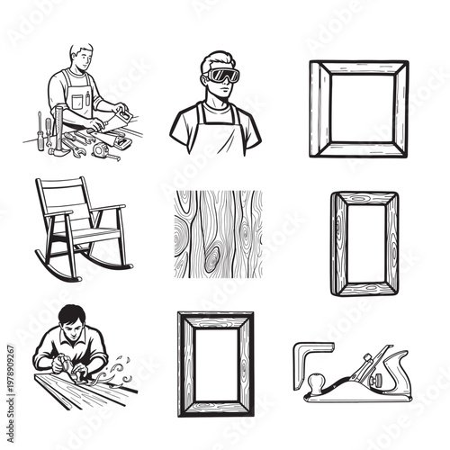 Carpentry Tools, Wood Texture, and Craftsman Illustrations - Vector Set