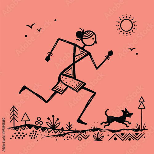 Modern Warli folk art illustration of a woman running with her pet dog in a geometric nature landscape against a peach background
