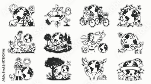 Sustainable lifestyle and environmental conservation black and white vector stickers set