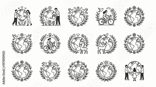 Ecology and environmental protection line art icons set with globe and nature symbols
