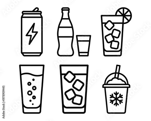 Collection of refreshing drinks icons including soda can bottle glasses with ice energy drink refreshment beverage collection refreshing