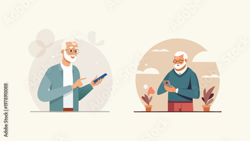 Senior man using smartphone, modern illustration with plants and simple background