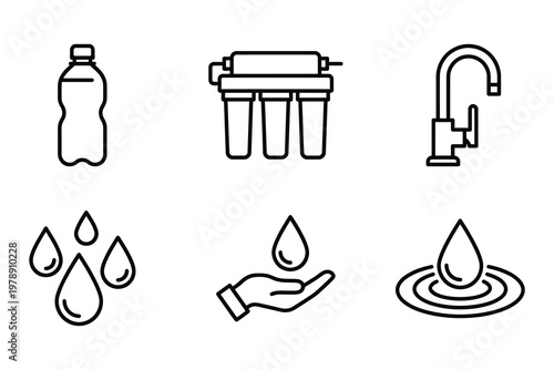 Collection of outline icons related to water and water purification with purification technology household collection graphics illustration minimalist