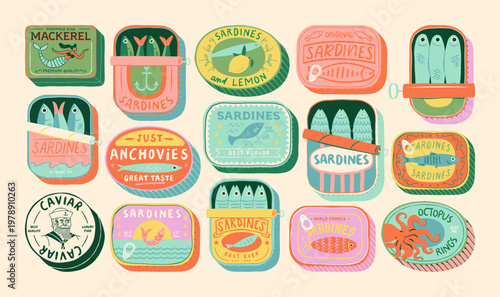 Vintage hand drawn canned fish cartoon illustration set. Colorful tinned sardines sea food graphic element collection. Sardine can drawing bundle on isolated background.