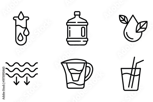 Outline icons illustrating water testing large water containers filtration with test tube container filtration purification household collection graphics