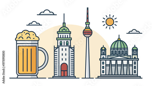 A vibrant illustration of a beer mug in front of famous buildings on a sunny day