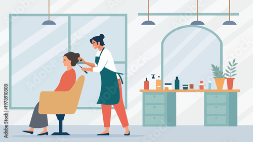 A hairdresser is cutting a woman's hair in a modern salon with a large window and a desk with hair care products.
