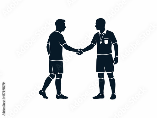 Soccer Player and Referee Shaking Hands Silhouette Isolated on White