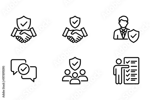 Collection of six business and finance icons with business agreement handshake checkmark security protection management leadership strategy document