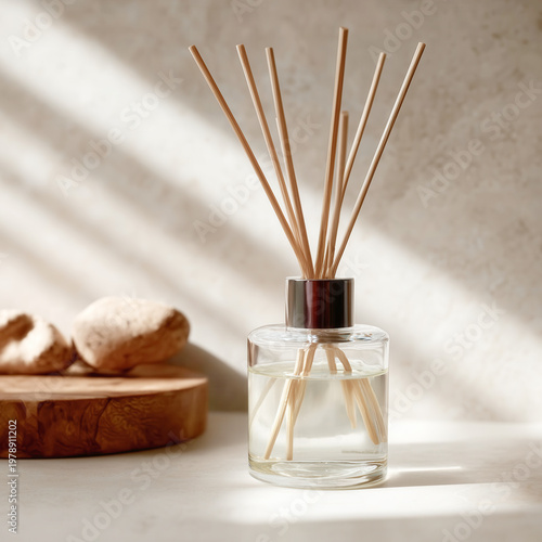 Glass Reed Diffuser with Sunlight on Minimalist Stone Surface