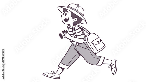 A vector illustration of a happy child running with a backpack and camera