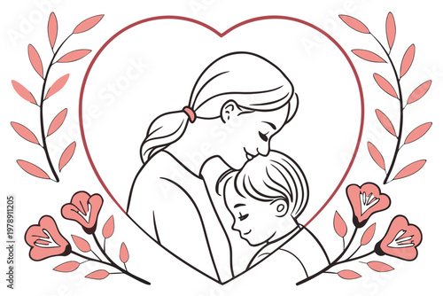 A heartwarming illustration of a mother embracing her child surrounded by flowers and leaves in a minimalist line art style