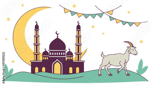 A colorful illustration of a mosque with a goat and crescent moon for Eid al-Adha celebrations