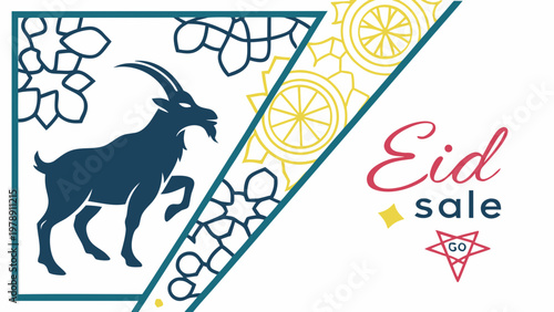 A colorful vector graphic illustration of an Eid sale advertisement featuring a goat silhouette and geometric patterns