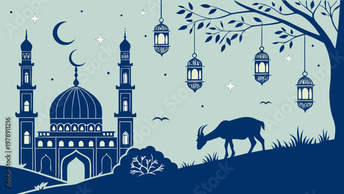 A serene vector illustration of a mosque under a crescent moon with lanterns and a goat in a peaceful landscape
