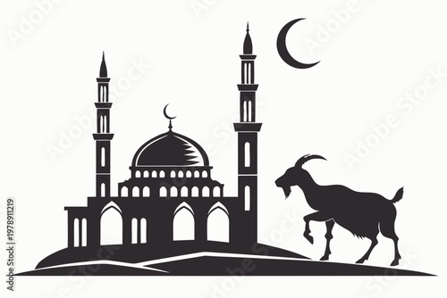 A black silhouette vector graphic of a mosque with a goat and crescent moon