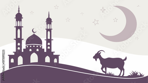 A minimalist vector graphic illustration of a mosque and a goat under the crescent moon