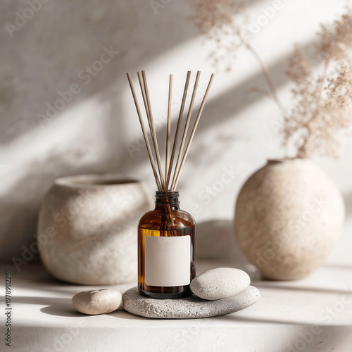 Minimalist Aromatherapy Setup with Brown Reed Diffuser on Stone