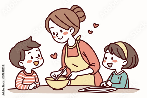 A cartoon illustration of a mother and her two children baking together in a kitchen