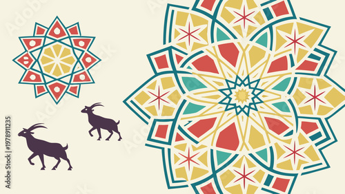 A colorful vector graphic featuring two goats and intricate mandala designs on a beige background