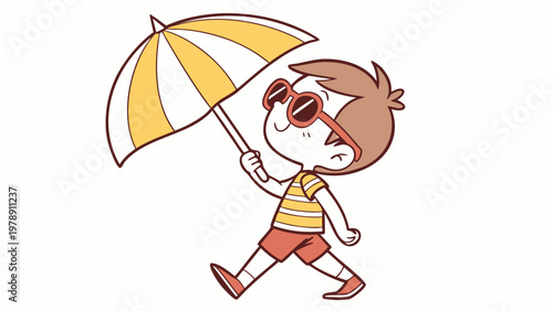 A cartoon boy walking with a yellow and white umbrella on a sunny day