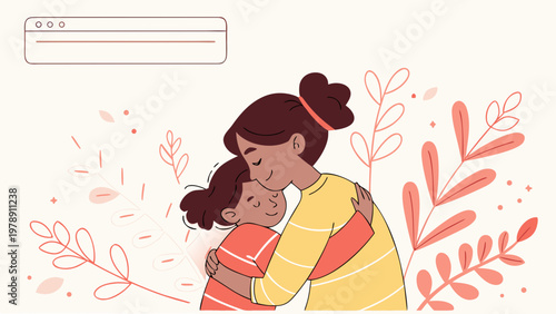 A vector illustration of a mother hugging her daughter with leaves and a search bar in the background