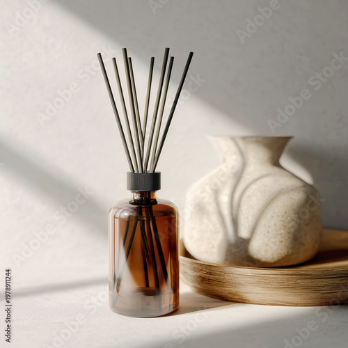 Minimalist home decor with reed diffuser and ceramic vase in sunlight