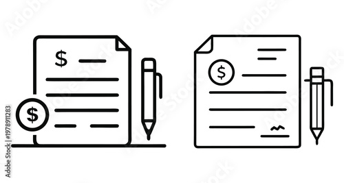Two icons representing financial document signing with a pen and dollar sign for business and legal contracts