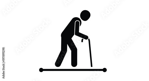 A simple black silhouette depicts an elderly person walking with a cane for support