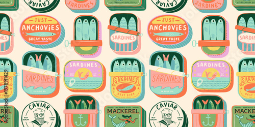 Vintage hand drawn canned fish cartoon seamless pattern. Colorful tinned sardines sea food background illustration. Sardine can drawing surface print.