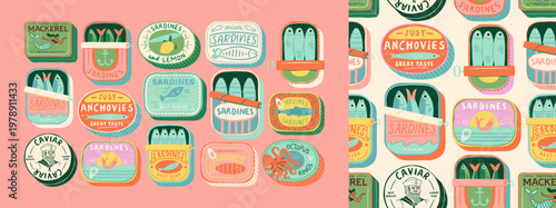 Vintage hand drawn canned fish cartoon seamless pattern set. Colorful tinned sardines sea food background illustration. Sardine can drawing surface print.
