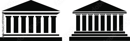 Two iconic classical buildings with columns representing governmental or educational institutions, symbolizing authority and knowledge