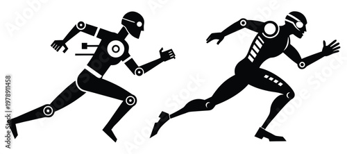 Dynamic illustration of two stylized running cyborgs, blending human athleticism with advanced robotic technology, representing speed, progress, and future innovation